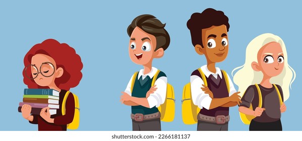 
Mean School Kids Bullying their Classmate Vector Cartoon Illustration. Sad victim of harassment feeling like and outcast and anxious
