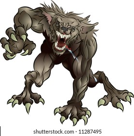 A mean snarling scary werewolf attacking the viewer