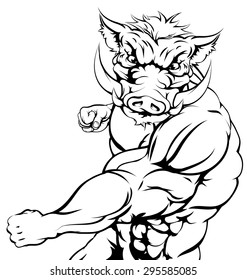 A mean tough boar animal sports mascot punching at viewer