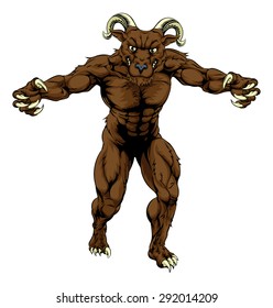 A mean tough muscular ram sports mascot character advancing with claws out