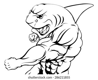 A mean tough shark animal sports mascot punching at viewer