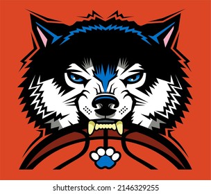 Mean Wolf Mascot Biting Basketball For School, College Or League