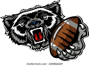 Mean Wolverine Mascot Holding Football For School, College Or League