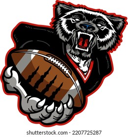 mean wolverine mascot holding football for school, college or league