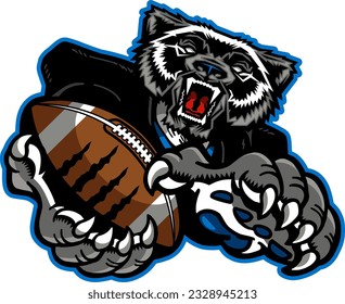 mean wolverine mascot holding football for school, college or league sports