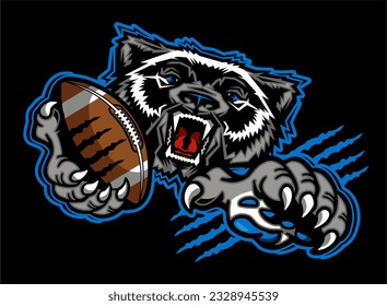 mean wolverine mascot holding football for school, college or league