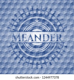 Meander blue emblem with geometric pattern background.