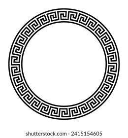 Meander circle frame with seamless Greek key pattern. Decorative border with Greek fret motif, constructed from continuous lines, shaped into a repeated motif. Isolated illustration over white. Vector