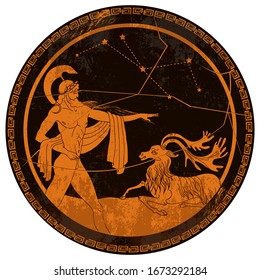 Meander circle style. Ancient Greece. Scene of hunting. Mythology and legends. Red figure techniques. Greek vase painting 