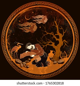 Meander circle style. Ancient Greece. Old science and education. Mythology and legends. Red figure techniques. Greek vase painting 