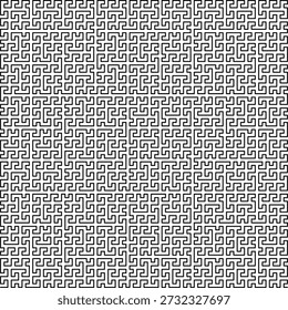 Mäanderkurve Fraktales Muster mit vier Iterationen auf weißem Hintergrund, erzeugt aus schwarzen Liniensegmenten mit abstrakter geometrischer Struktur, Symmetrie, Einzigartigkeit, Selbstähnlichkeit. Geeignet für mathematische, wissenschaftliche und pädagogische Illustration, Hintergrund, Poster, Dekoration.