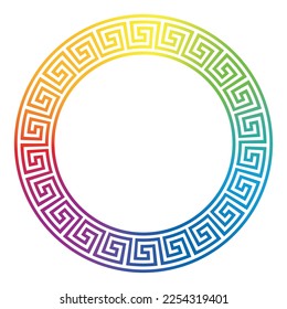 Meander design circle, frame with rainbow gradient colored seamless pattern. Meandros, a decorative border, constructed from continuous lines, shaped into a repeated motif. White background.