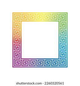 Meander design square  frame and rainbow gradient colored seamless pattern  Meandros  decorative border  constructed from continuous lines  shaped into repeated motif  White background 
