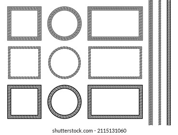 Marcos, elementos y conjunto de patrones de meandro. El meandro bordea en diferentes formas geométricas con pinceles y patrones sin fisuras. Diseño de cuadros de estilo antiguo greciano y adornos griegos. Vector.