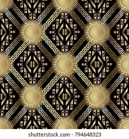 Meander greek key tribal vector seamless pattern. Black geometric abstract background with gold ornate rhombus, frames, meanders, shapes, circles, lace figures. Surface 3d texture. Ancient ornaments.