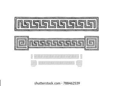 Meander, old greek border ornament in ink hand drawn style. Horizontal seamless pattern border. 