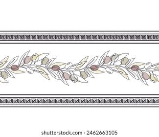 Meander with olive branches and fruits seamless border pattern, continuous line drawing. Hand drawn floral background, vector illustration