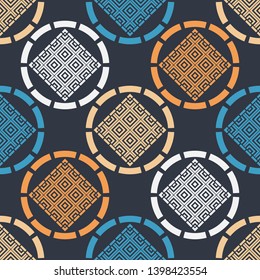 Meander. Polka dots seamless pattern. Multicolored. Simple design. Vector geometric background. Can be used in printing, textile, wrapping, web-design.