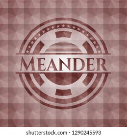Meander red emblem or badge with geometric pattern background. Seamless.