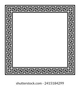 Meander square shaped frame with seamless Greek key pattern. Border with Greek fret motif, constructed from continuous lines, shaped into a repeated motif. Isolated illustration, over white. Vector.