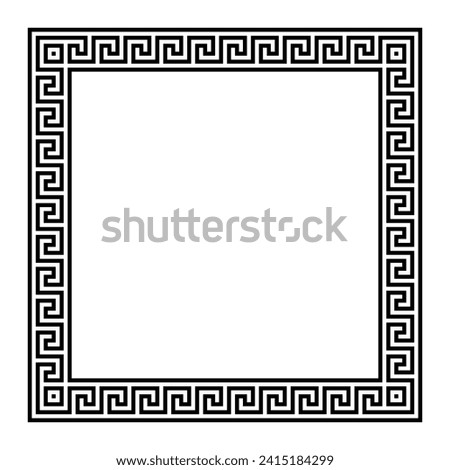 Meander square shaped frame with seamless Greek key pattern. Border with Greek fret motif, constructed from continuous lines, shaped into a repeated motif. Isolated illustration, over white. Vector.