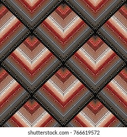 Meander tiled seamless pattern. Modern abstract geometric vector background. Elegant ornate 3d wallpaper. Ornamental striped rhombus, triangles, zigzag, stripes, lines, ancient greek key ornaments.