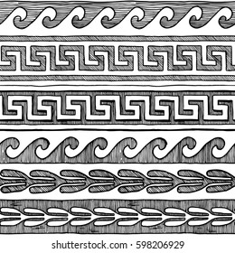 Meander, wave and other ancient Greece ornament. Vector black-and-white seamless pattern in ink hand drawn style on white background