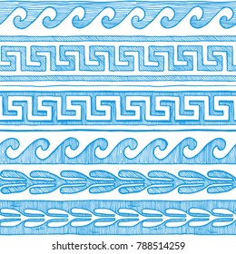 Meander, wave and other ancient Greece ornament in blue. Seamless pattern in ink hand drawn style on white background