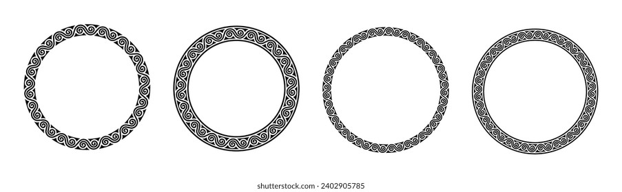 Meander Waves Floral Ornament Circle Round Frame Border Vector Background Illustration