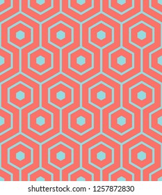 Meandering Hexagon Pattern in coral and blue - seamless vector pattern
