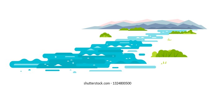 Meandering river flows from the mountains, wraps around shrubs, sample geometric shapes, flat illustration on white background