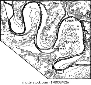 Meanders Of The Seine, Meander Is The Curves, Bend, Or Winding In The Channel Of A River Or Stream, Vintage Line Drawing Or Engraving Illustration.