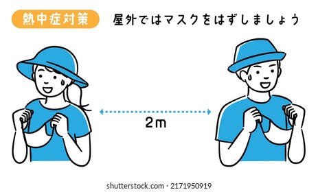 The meaning of the Japanese characters is "heat stroke measures" and "let's take off the mask outdoors".