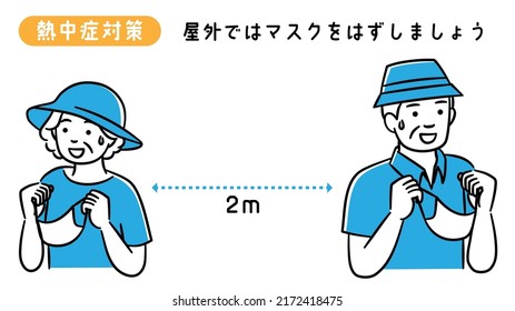 The meaning of the Japanese characters is "heat stroke measures" and "let's take off the mask outdoors".