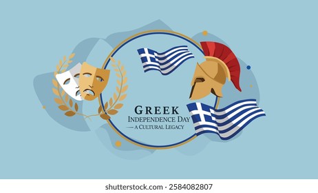 A meaningful Greek Independence Day banner featuring Greek flags, laurel wreaths, and classical symbols, honoring the country’s cultural legacy and historical independence.