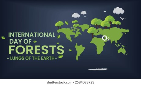 A meaningful illustration celebrating the International Day of Forests, featuring a world map with trees symbolizing forests as the lungs of the Earth, providing oxygen.