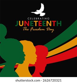 Meaningful Juneteenth 2025 concept design with African silhouette, liberation banner and freedom dove. Best for Juneteenth background, campaign poster, banner, greeting card, flyer, and printiing