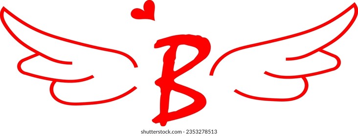 Meaningful memorial tattoo design vector drawing in red with an initial B, dove wings and a heart.