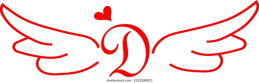Significativo dibujo vectorial de diseño de tatuajes conmemorativos en rojo con una D inicial, alas de paloma y un corazón.