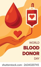 Una Ilustración vectorial significativa para el Día Mundial del Donante, promoviendo la conciencia y el aprecio de los donantes de sangre, órganos y en general. Ideal para campañas, redes sociales, afiches y divulgación de la salud.