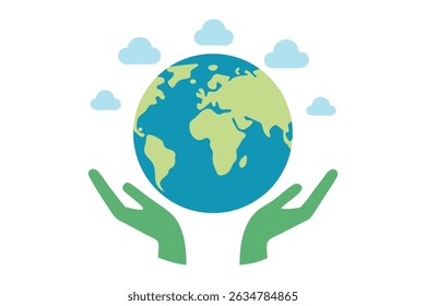A meaningful vector showing hands holding Earth with floating people icons, symbolizing care, unity, and rising global population. Ideal for social, environmental, and population-themed designs.