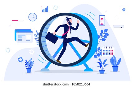 Meaningless work - Businessman running in hamster wheel, feeling useless, getting nowhere in boring job. Stuck in rut concept. Vector illustration.