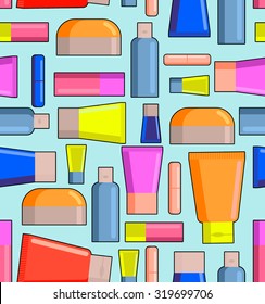 Means for care of body seamless pattern. Pots, creams and lipstick. vector background. Womens accessories texture.