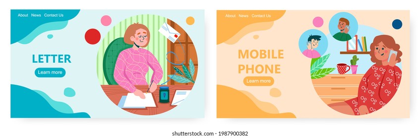 Means of communication, landing page design, website banner vector templates. Postal letter and talking on mobile phone.