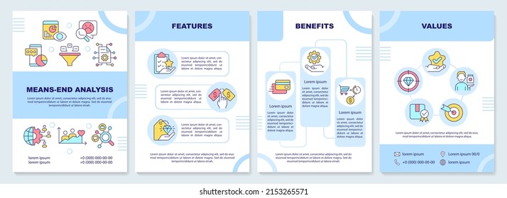 Means end analysis categories brochure template. Customer needs. Leaflet design with linear icons. 4 vector layouts for presentation, annual reports. Arial-Black, Myriad Pro-Regular fonts used