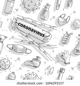 Means of individual protection and prevention of coronavirus infection. Coronavirus and disinfectants, personal care products. Seamless pattern. Quick sketch.