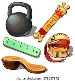 Means of measuring length and temperature. The sole of the Shoe and weight. Vector illustration.