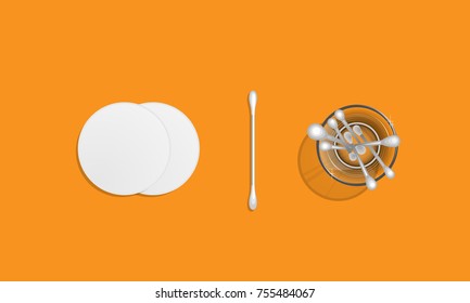 Means of personal hygiene. Cotton pads, cotton buds in a transparent glass cup. Vector illustration