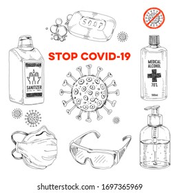 Means of protection against a covid-19 viral infection, hand drawn retro vector illustration. Warning dangerous pandemic coronavirus, sketch vintage engraving isolated on white background.