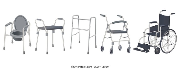 Medios de rehabilitación de discapacitados.Instrumento médico para la rehabilitación.Silla de ruedas, caminante y silla de inodoro para personas con discapacidad y ancianos.Ilustración vectorial.